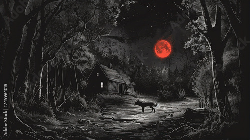Dark Forest with Red Moon and Wolf