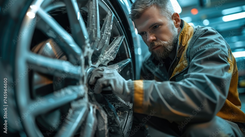 Close up of a man repairing and alloy wheel. Generative AI.