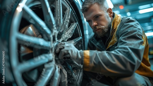 Close up of a man repairing and alloy wheel. Generative AI.