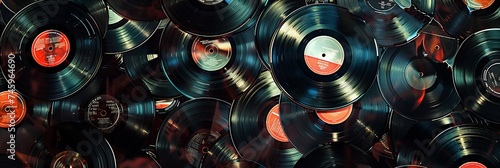 a photo of a collection of vinyl records that has been altered to add light leaks and scratches for authenticity. Concept of music appreciation in retro style.
