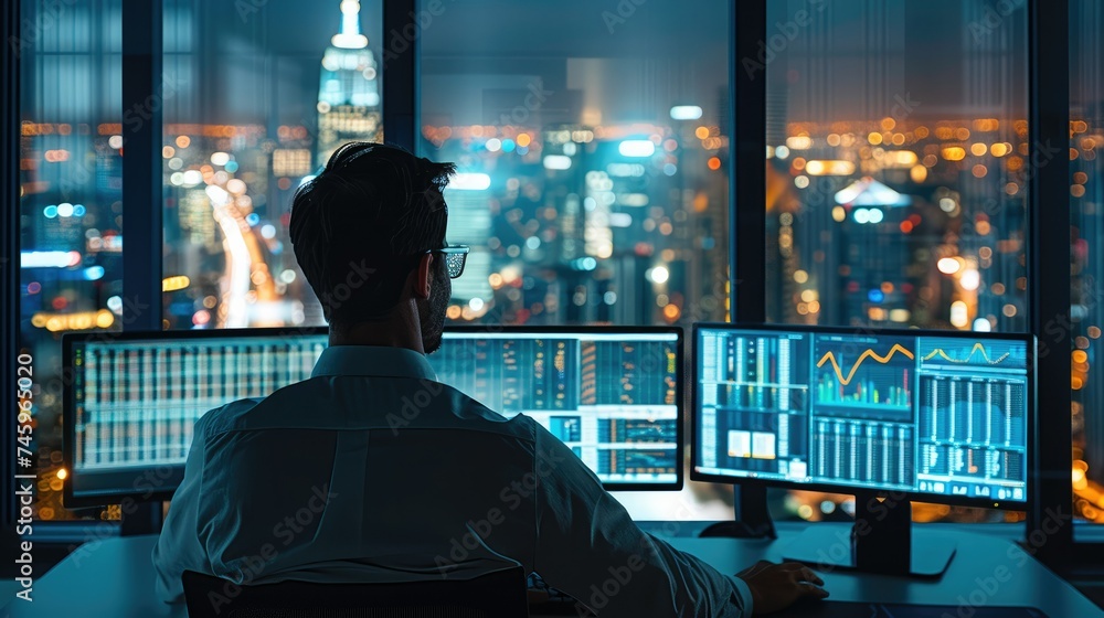Technician diligently analyzing algorithms and keywords on multiple computer screens, situated in a contemporary office space with a panoramic city view. Generative AI.