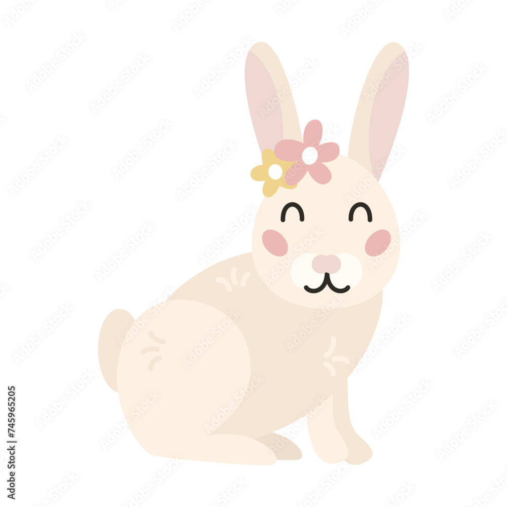 Cute bunny with flower on head. Little easter rabbit 