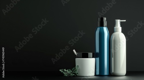 Bottle, Moisturizer, Cosmetics. A collection of cosmetic items on a black background with various cosmetic bottles isolated on white. Collection of cosmetic packages for shampoo, cream, soups, and foa