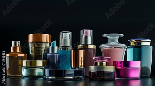 Bottle, Moisturizer, Cosmetics. A collection of cosmetic items on a black background with various cosmetic bottles isolated on white. Collection of cosmetic packages for shampoo, cream, soups, and foa photo