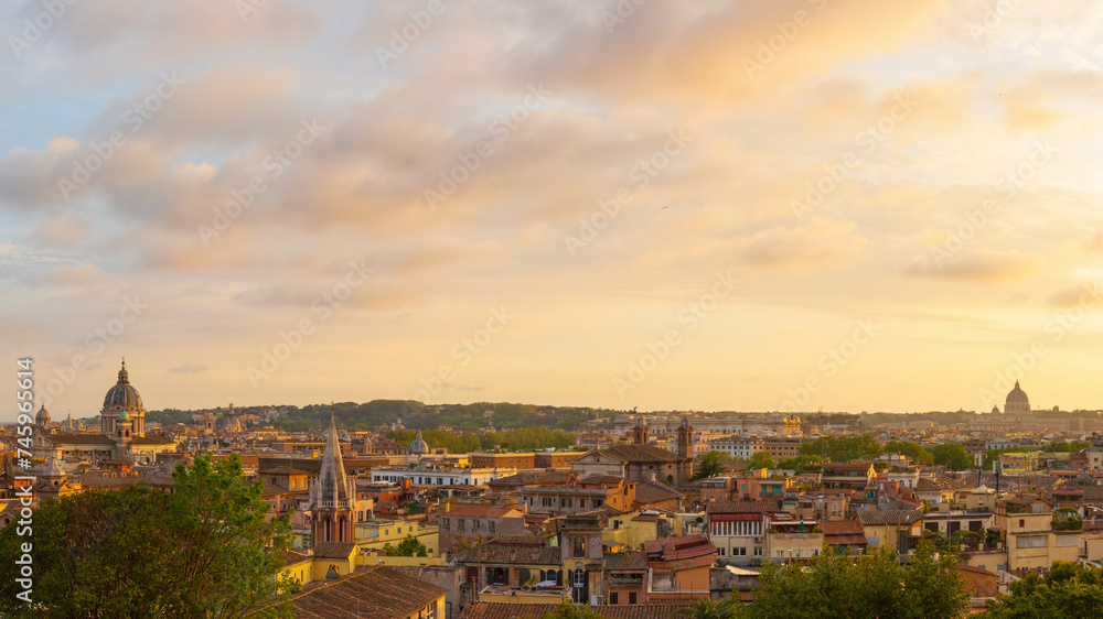 Panorama of the cityscape of Rome, Italy, during a colorful sunset