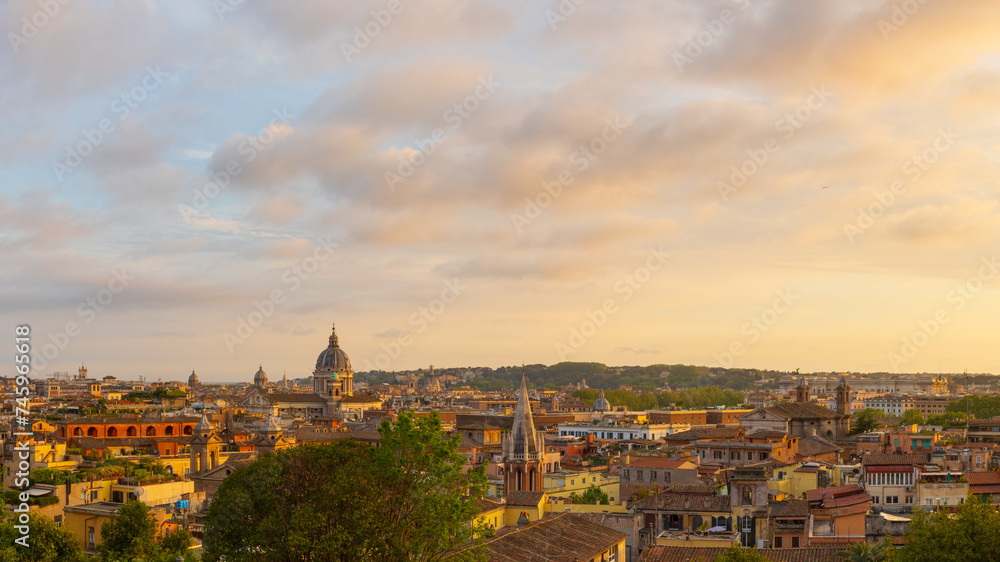 Second Panorama of the cityscape of Rome, Italy, during a colorful sunset