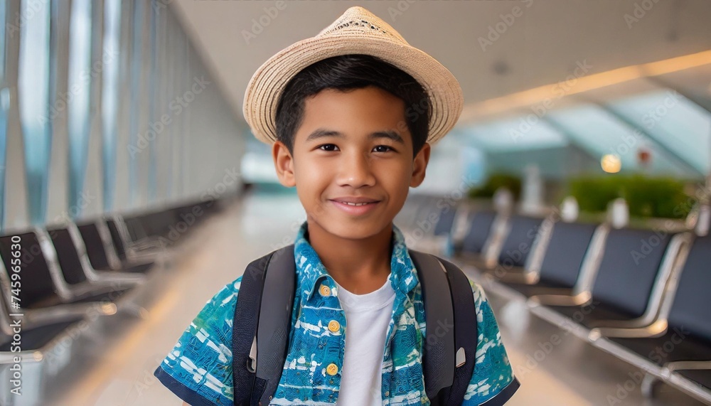 The boy was happy because he was going to ride an airplane - obrazy, fototapety, plakaty 