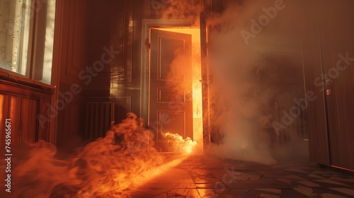 Smoke rising from a burning room beneath the door of the house due to a fire