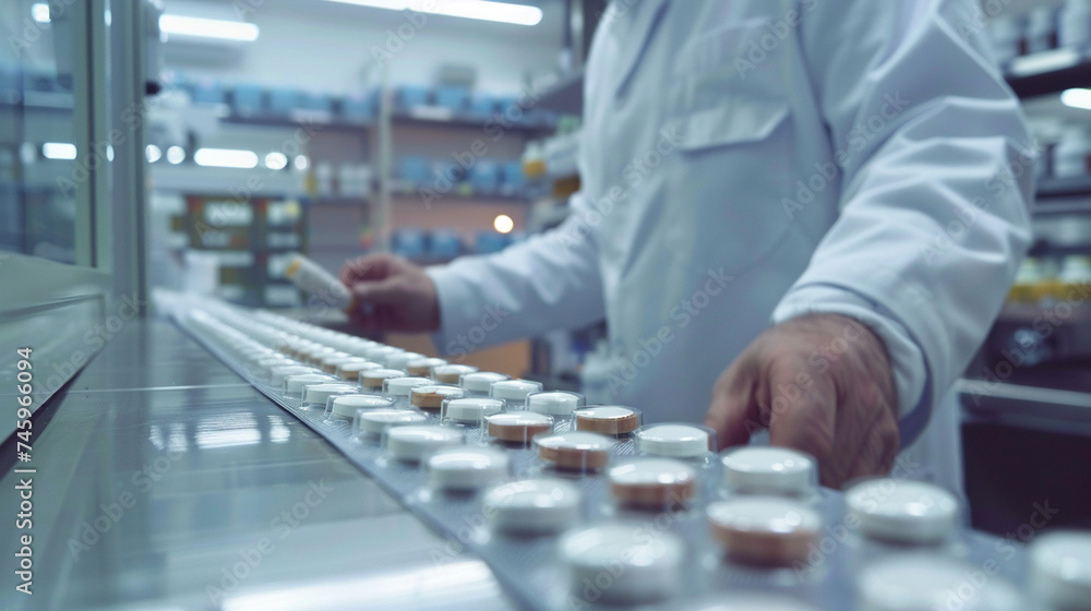 With a sense of purpose, a man stands at the assembly line in a pharmaceutical laboratory, overseeing the production of medical drugs with dedication and precision, ensuring that e With a sense of purpose, a man stands at the assembly line in a pharmaceutical laboratory, overseeing the production of medical drugs with dedication and precision, ensuring that e