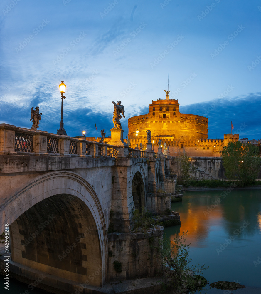 Panorama of the Castel Sant'Angelo in Rome, Italy, during the blue hour