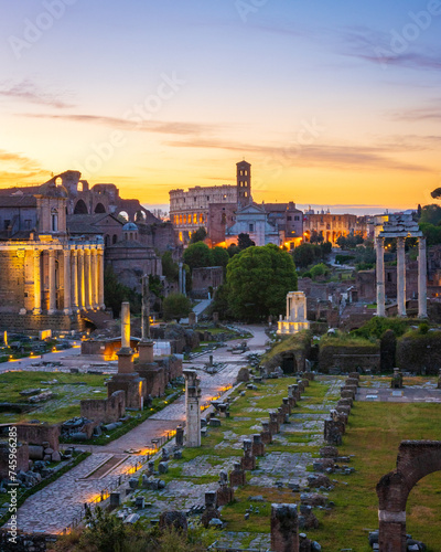 Sunrise with panoramic view of the skyline of the Roman Forum and the Coliseum in Rome, Italy