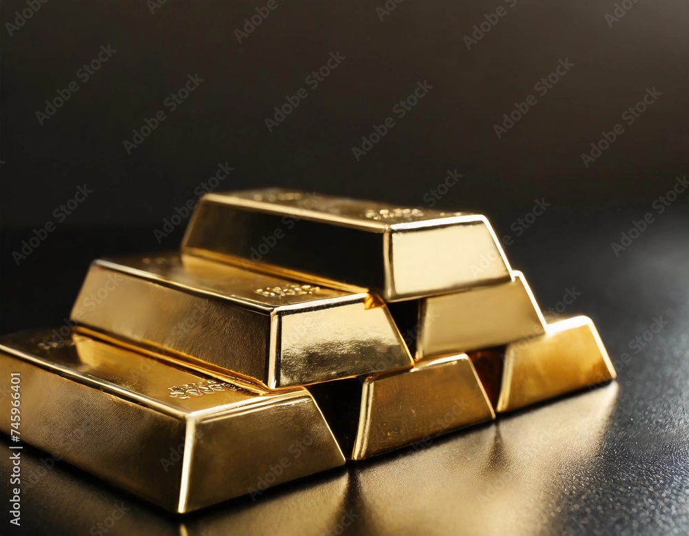 Gold bars and gold nuggets on a dark background, space for text or advertising Gold bars and gold nuggets on a dark background, space for text or advertising