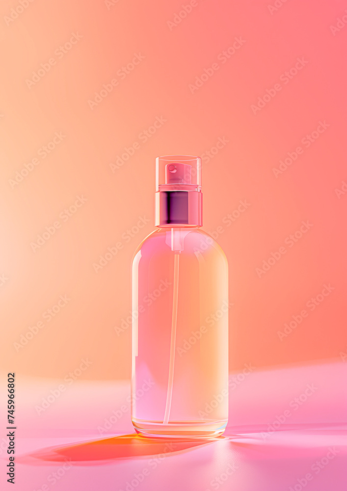 Elegant coral-hued cosmetic spray bottle on a soft pink background. Elegant coral-hued cosmetic spray bottle on a soft pink background.