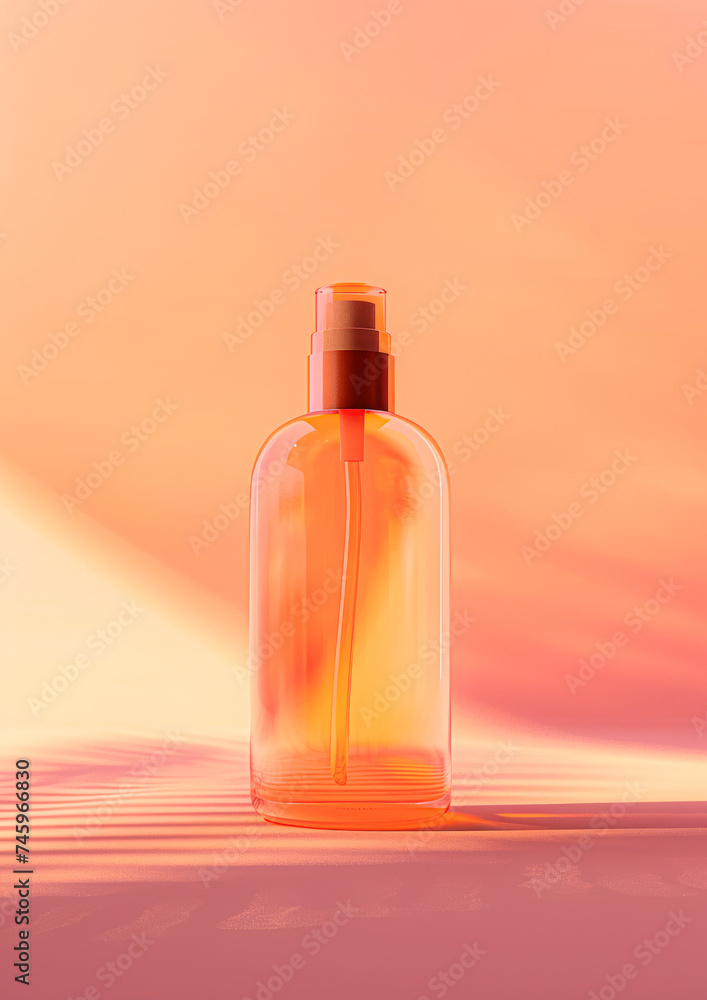 Elegant coral-hued cosmetic spray bottle on a soft pink background.