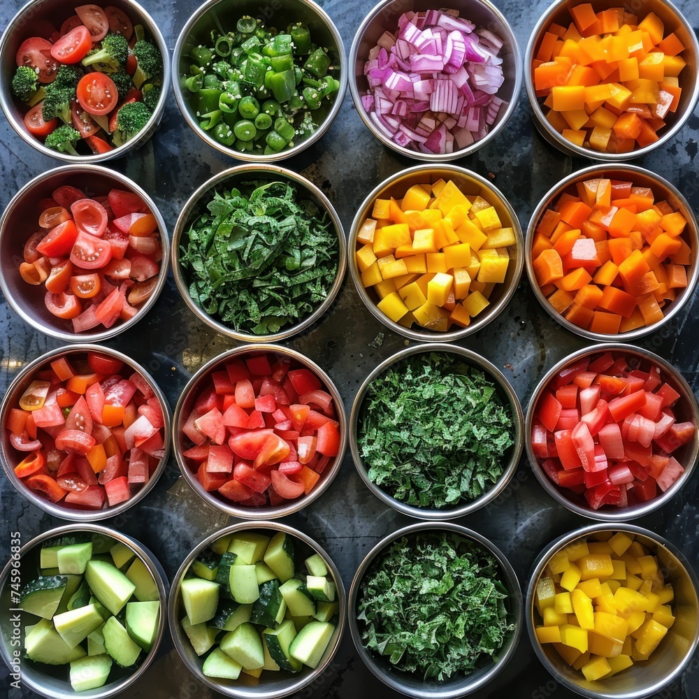 Assorted neatly chopped vegetables in round bowls, ready for healthy meal preparation or salad making.