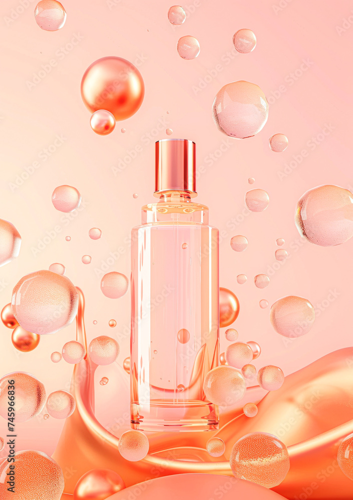 Transparent cosmetic serum bottle surrounded by shimmering bubbles on a peachy background. Transparent cosmetic serum bottle surrounded by shimmering bubbles on a peachy background.