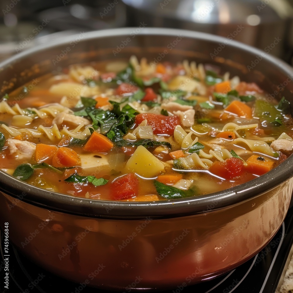 A pot of homemade chicken vegetable soup with pasta, carrots, tomatoes, and spinach simmering on the stove. A pot of homemade chicken vegetable soup with pasta, carrots, tomatoes, and spinach simmering on the stove.