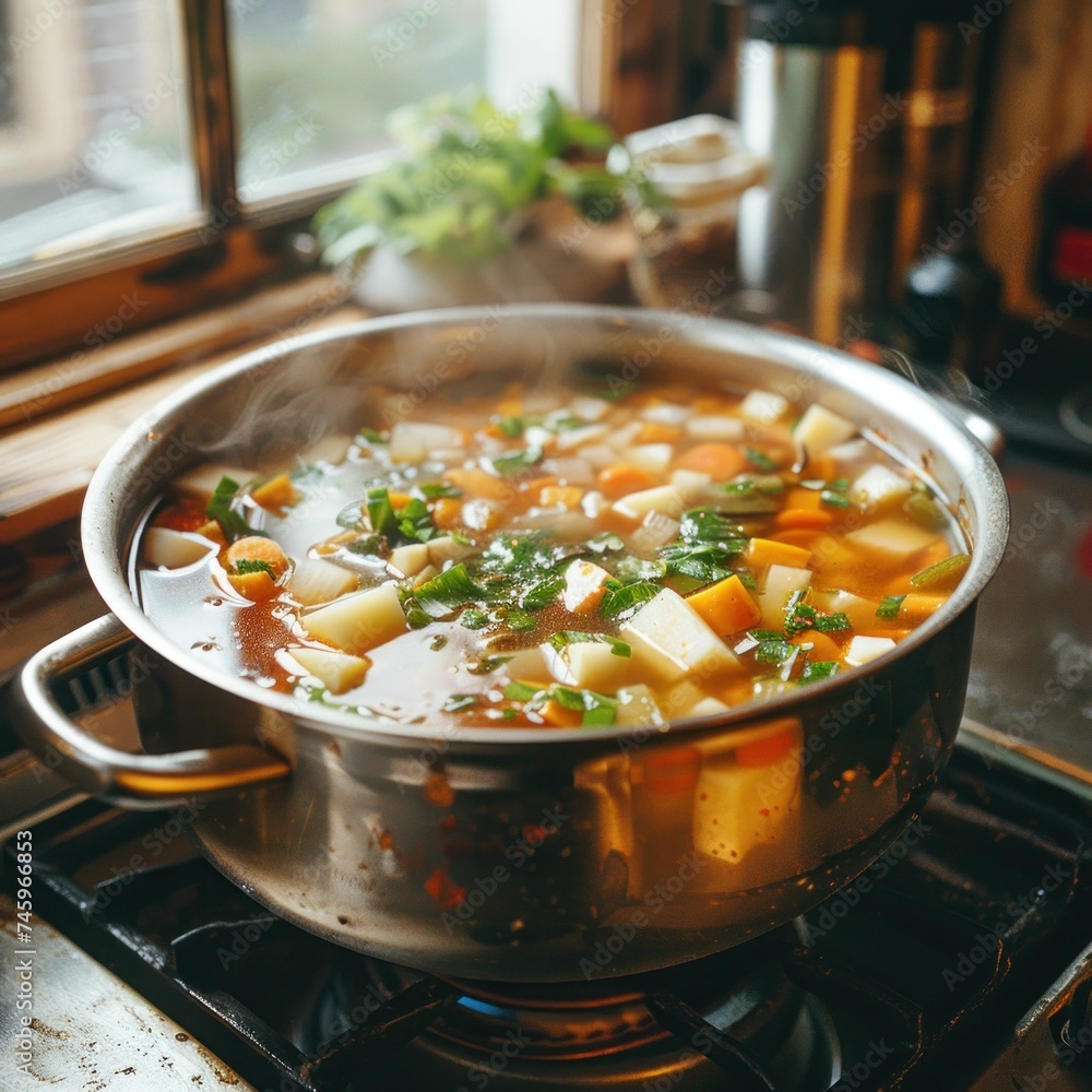 On the stove, there's a pot of homemade chicken vegetable soup, where pasta, carrots, tomatoes, and spinach meld together in a simmering broth.