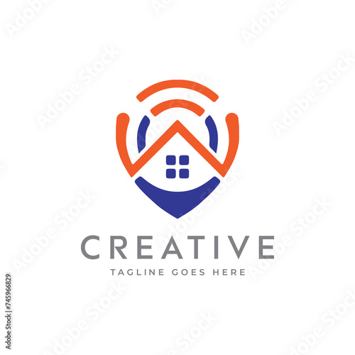 Creative home security logo design with letter W and wi fi sign