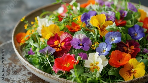 Served on a dark plate, a colorful edible flower salad with fresh greens dazzles the senses, showcasing a variety of vibrant blossoms.