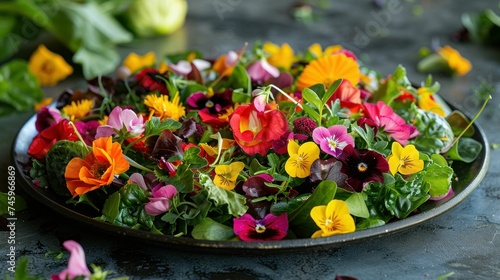 Colorful edible flower salad with fresh greens, showcasing a variety of vibrant blossoms, served on a dark plate.