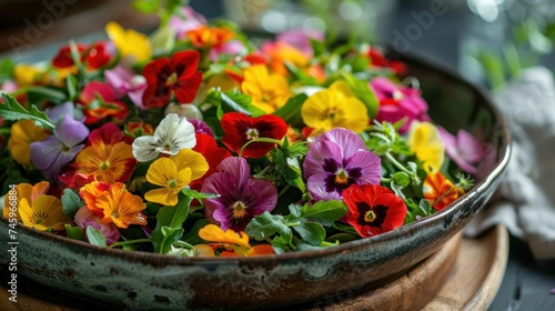 On a dark plate, a variety of vibrant blossoms adorn a colorful edible flower salad with fresh greens, creating a visually stunning dish.