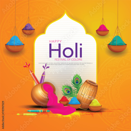 Happy holi festival poster template with holi powder color bowls on multicolor background.