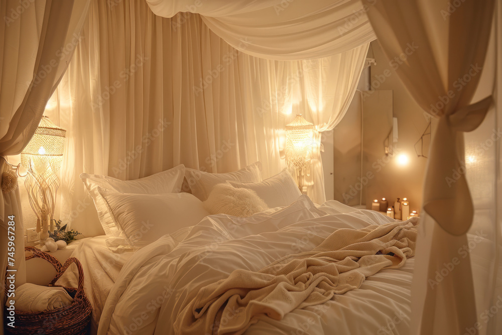 Chic bedroom interior with a luxurious canopy bed, soft linens. Chic bedroom interior with a luxurious canopy bed, soft linens.