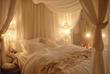 Chic bedroom interior with a luxurious canopy bed, soft linens.