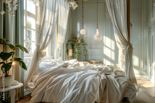 Chic bedroom interior with a luxurious canopy bed, soft linens. © Hunman