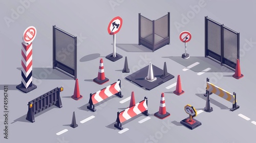 Isometric detailed icon set for road signs and barriers, vector graphic illustration design photo