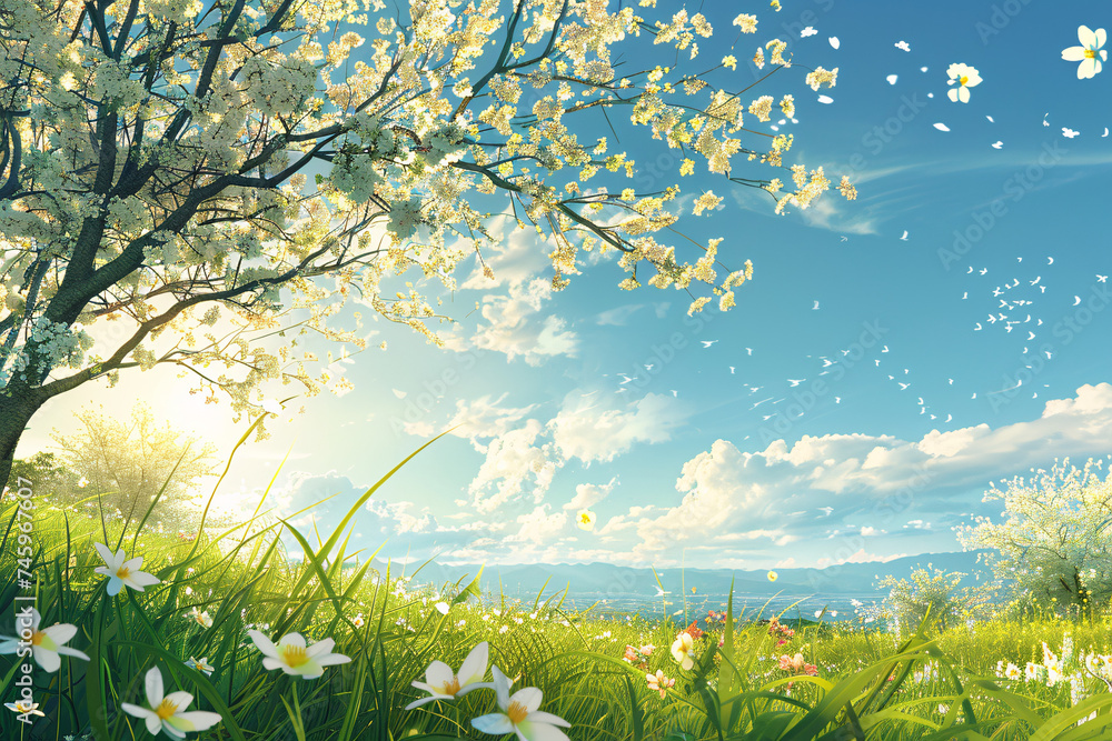 White flowers and flying petals on a sunny meadow background