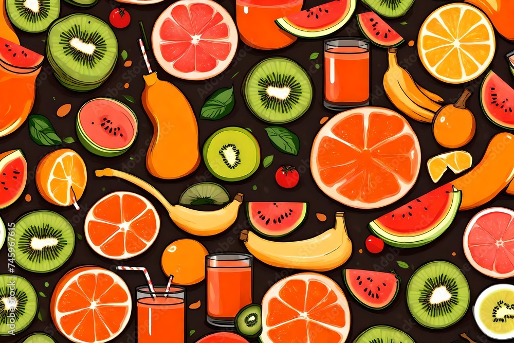 Orange, kiwi fruit, banana, tomato, watermelon, papaya juice