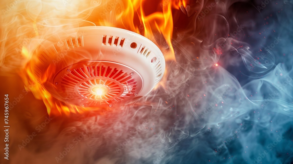 Smoke detector and fire alarm in action background with copy space ...