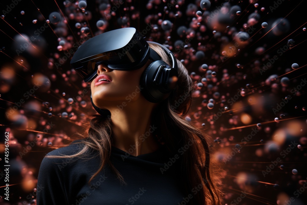 Girl wearing a virtual reality headset. Dark and surreal background with flying bubbles. Wallpaper style. Futuristic and sci-fi mood
