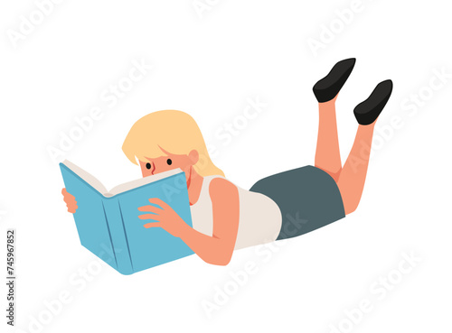 Illustration of a teenage girl absorbed in reading a book while lying on her stomach.