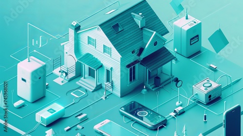 In the style of dark cyan and sky-blue linear illustrations, weathercore, isometric, multilayered dimensions, and websites, the home is represented by a number of electrical devices and a phone.