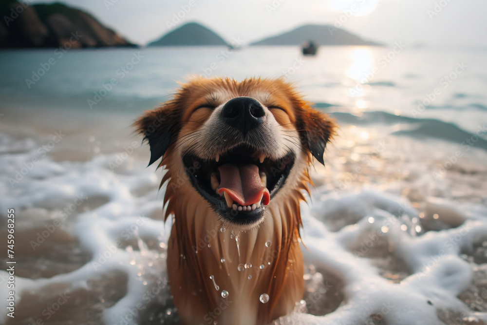 A dog playing on the beach