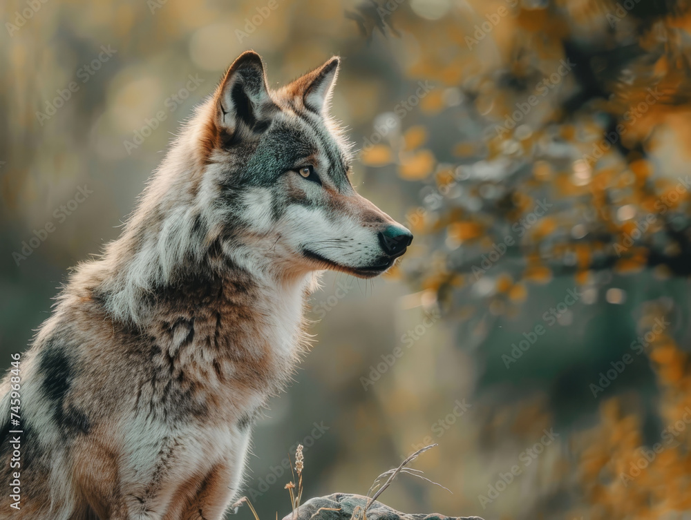 Obraz premium Profile of a grey wolf with autumn leaves blurred in the background, emanating calmness.