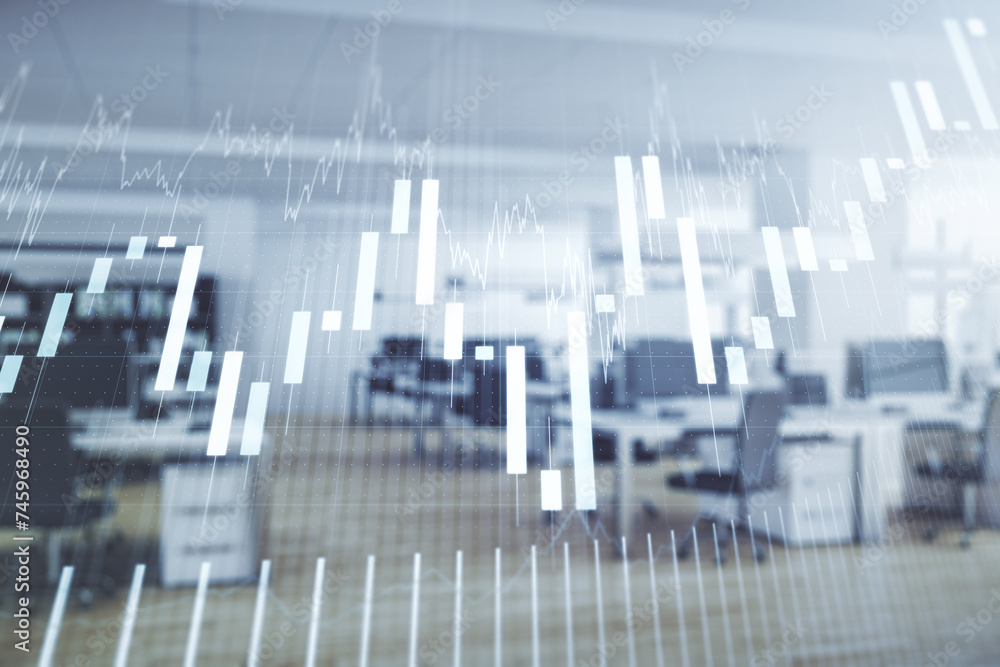 Double exposure of virtual creative financial diagram on a modern furnished office interior background, banking and accounting concept Double exposure of virtual creative financial diagram on a modern furnished office interior background, banking and accounting concept