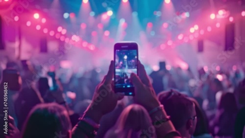 Hand with a smartphone records live music festival and taking photo of concert stage live concert luxury party festival. Blurred effect. 4k video colorful light beams neon photo
