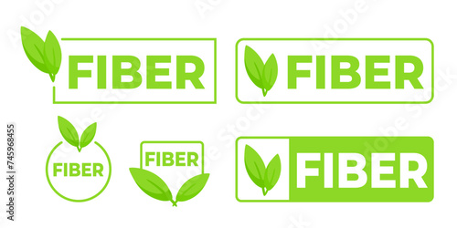 Set of green labels highlighting high fiber content with a fresh leaf design, ideal for health-conscious food branding.