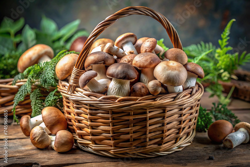 Mushrooms in a wicker basket in the forest and indoors