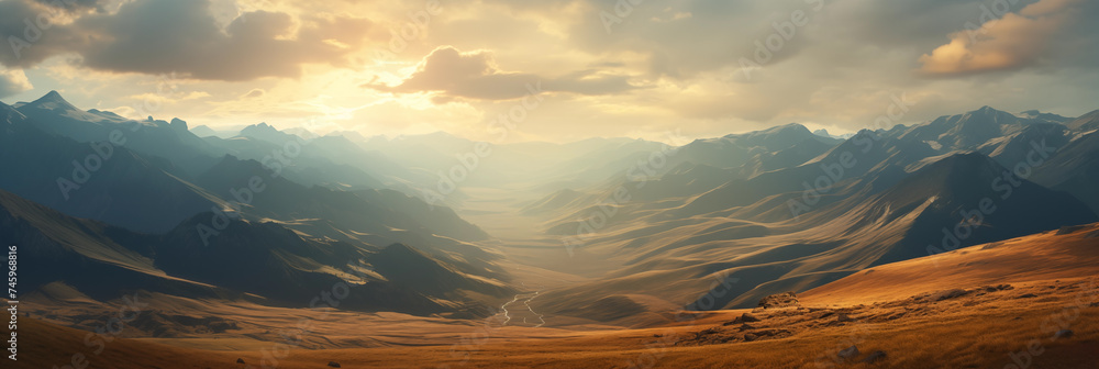 Mountain valley bathed in the warm, golden light of sunset. The play of light and shadow accentuates the rugged textures of the landscape, offering a sense of tranquility and the grandeur of nature. - obrazy, fototapety, plakaty 