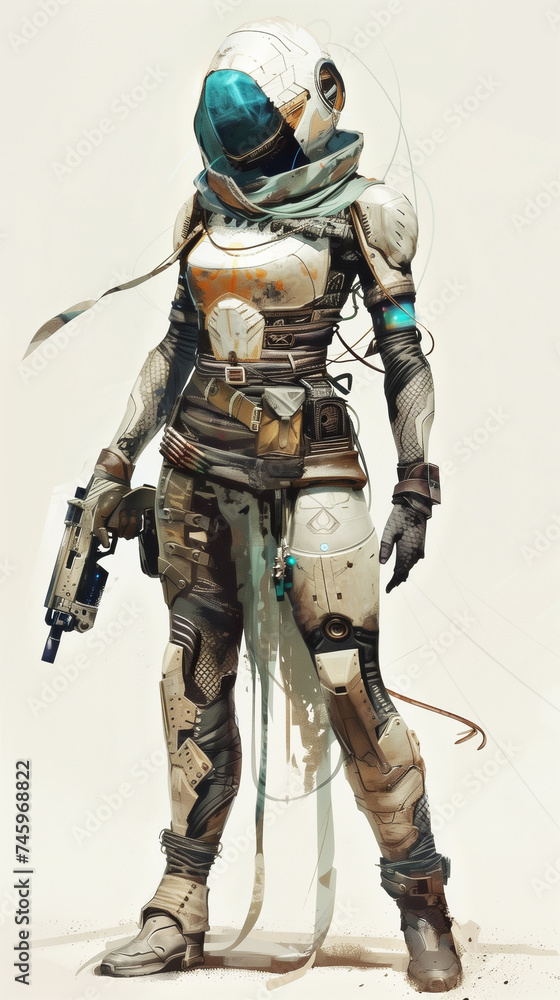 Illustration of a futuristic sci fi tactical mercenary soldier concept holding a weapon. Illustration of a futuristic sci fi tactical mercenary soldier concept holding a weapon.