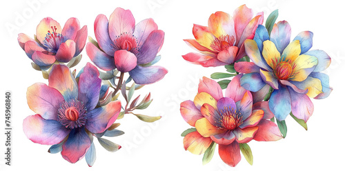watercolor flowers, a set of illustrations in handmade watercolor style on a white background, generative ai 