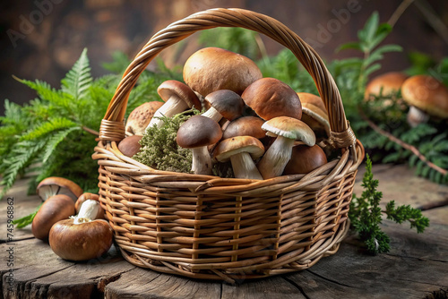 Mushrooms in a wicker basket in the forest and indoors