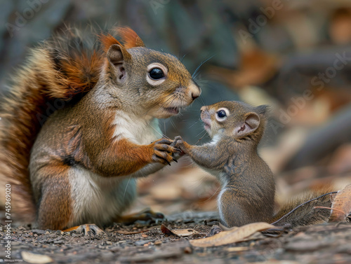 A tender moment between a mother squirrel with her baby in a forest. © Jan