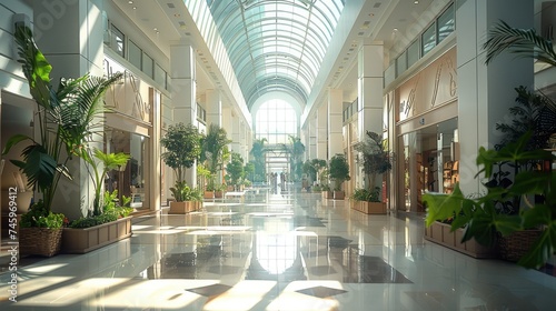 An open-air shopping mall bathed in natural light, featuring large windows that showcase the interior spaces. Generative AI.