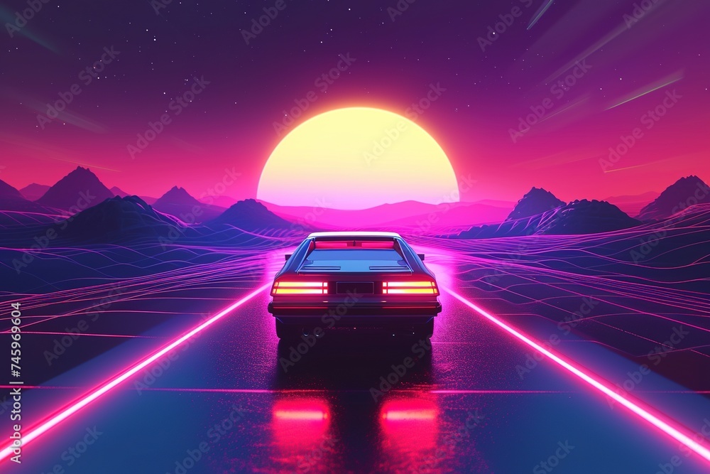  Synthwave sunset drive with retro car 80s